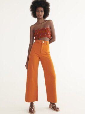 ZARA Marine Orange Stretch Denim High Waisted Wide Leg Jeans, Size 0/22